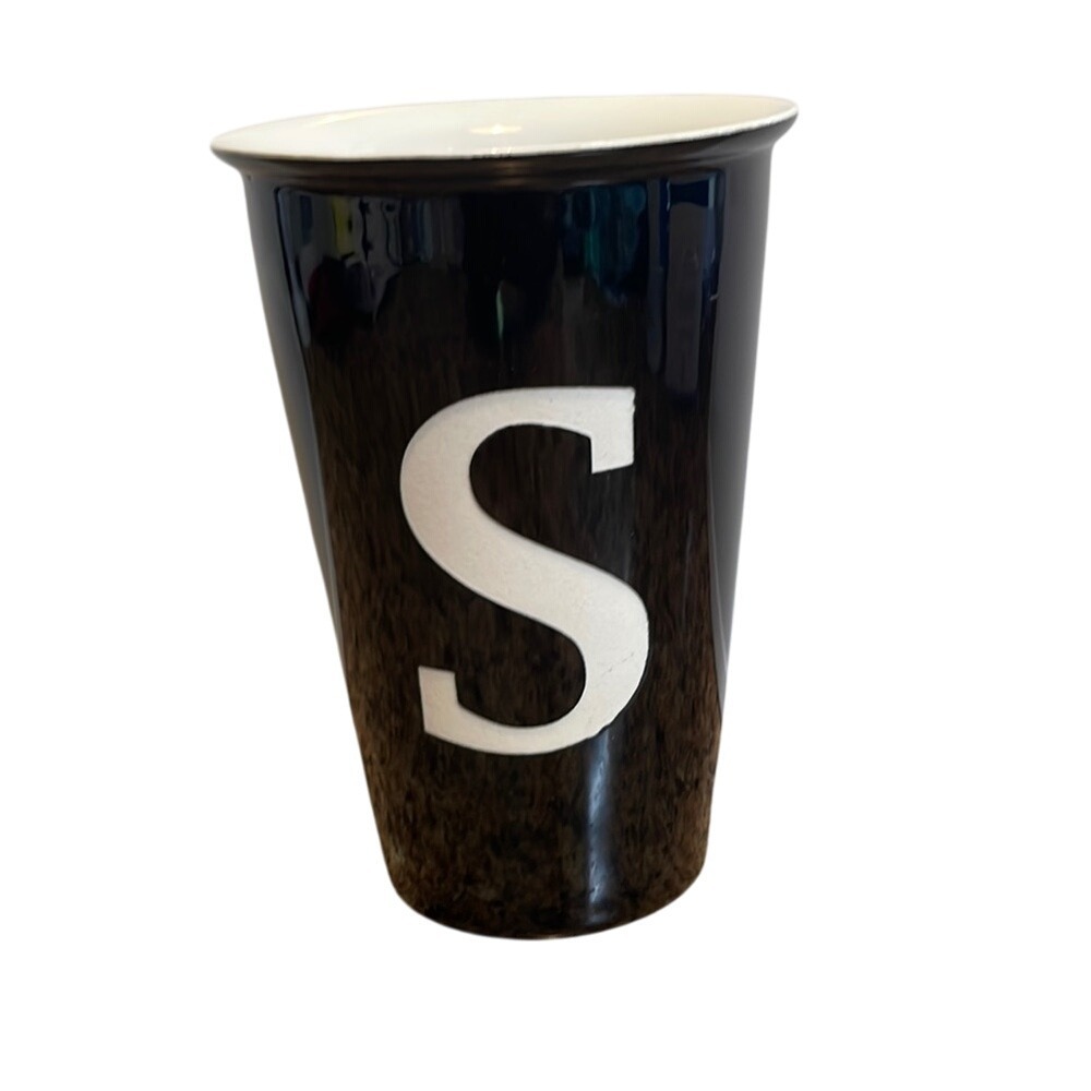 Black Ceramic Tumbler Cup with White Letter S Monogram‎